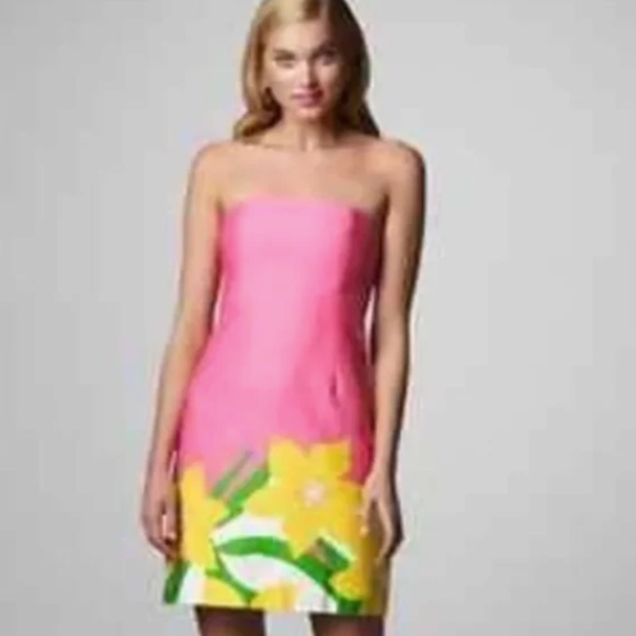 NWT LILLY PULITZER WOMENS FRANCO DANCING DAFFODILS STRAPLESS DRESS PINK SIZE 4 - Picture 2 of 9